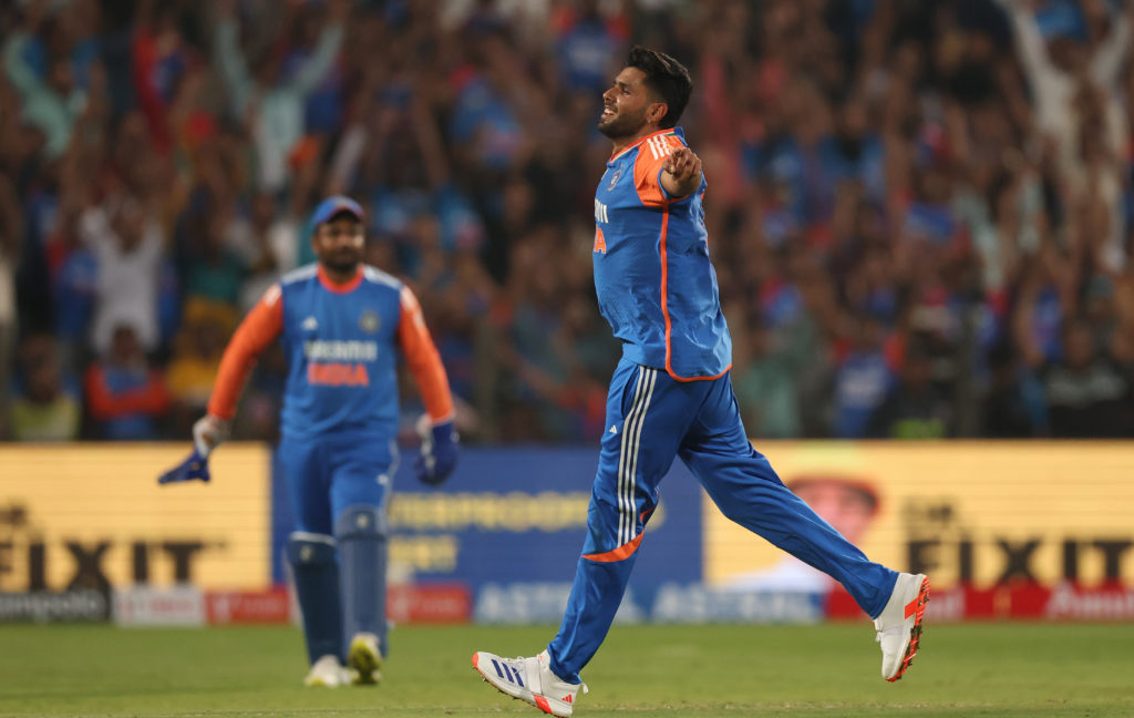 PUNE, INDIA - JANUARY 31: Harshit Rana of India celebrates dismissing Jamie Overton of England during the 4th T20 International between India and England at Maharashtra Cricket Association Stadium on January 31, 2025 in Pune, India. (Photo by Michael Steele/Getty Images)