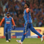 PUNE, INDIA - JANUARY 31: Harshit Rana of India celebrates dismissing Jamie Overton of England during the 4th T20 International between India and England at Maharashtra Cricket Association Stadium on January 31, 2025 in Pune, India. (Photo by Michael Steele/Getty Images)